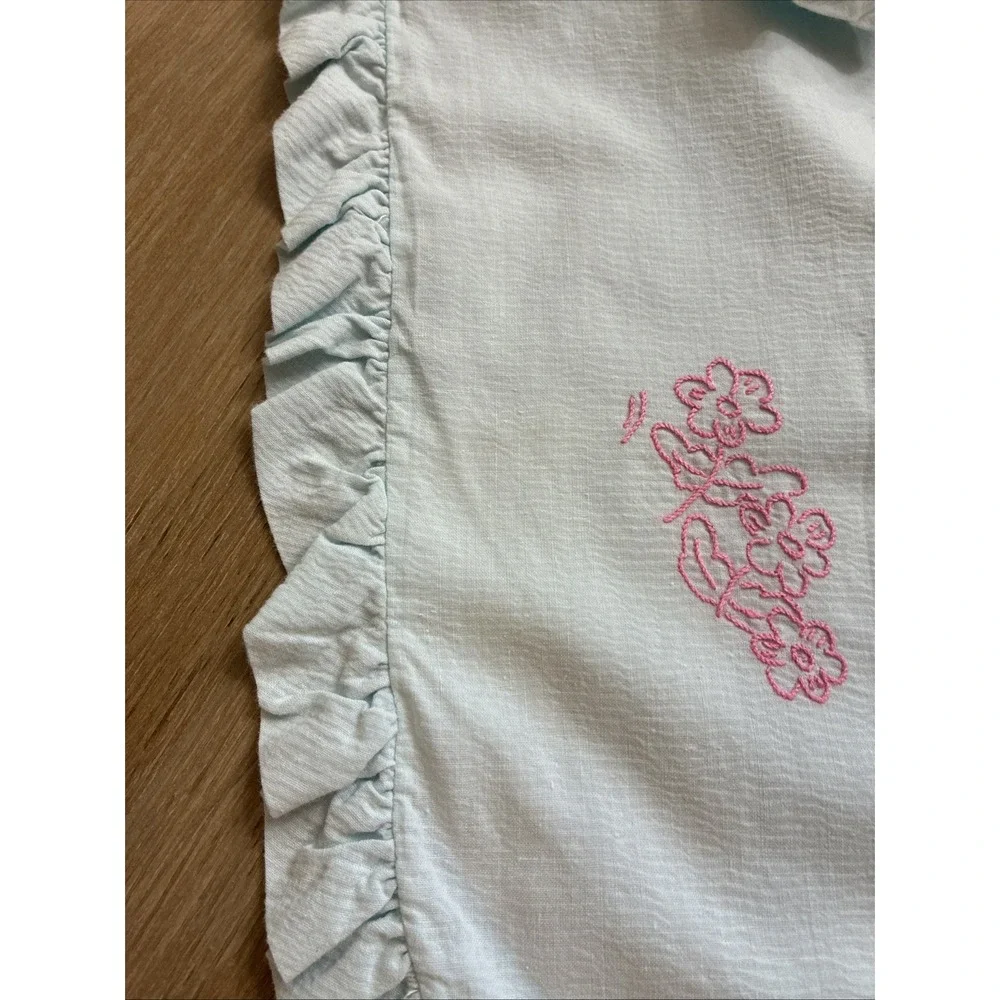 VTG Baby Blanket Cotton Plisse Blue W/ Pink Embroidery Ruffled 35